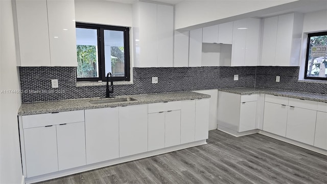 kitchen with modern cabinets, white cabinets, a sink, light stone countertops, and light wood-type flooring