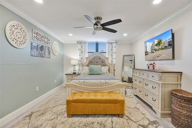 bedroom with baseboards, recessed lighting, and crown molding