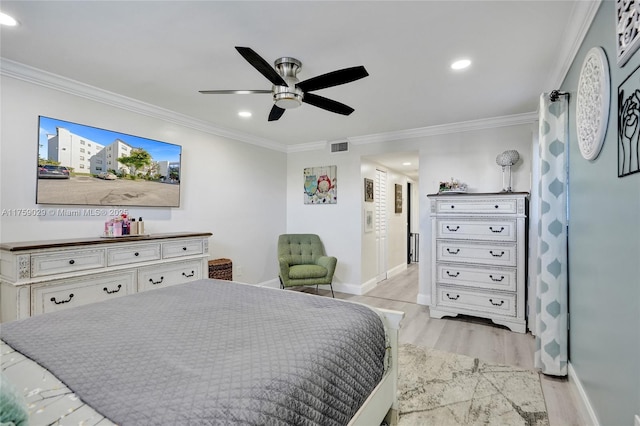 bedroom featuring ornamental molding, recessed lighting, and light wood-style floors