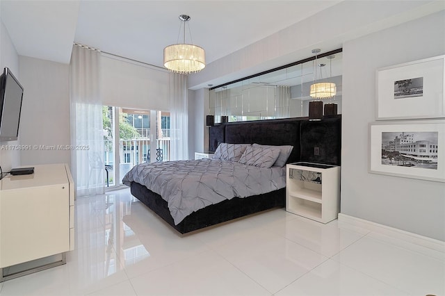 bedroom with an inviting chandelier, access to outside, baseboards, and light tile patterned flooring