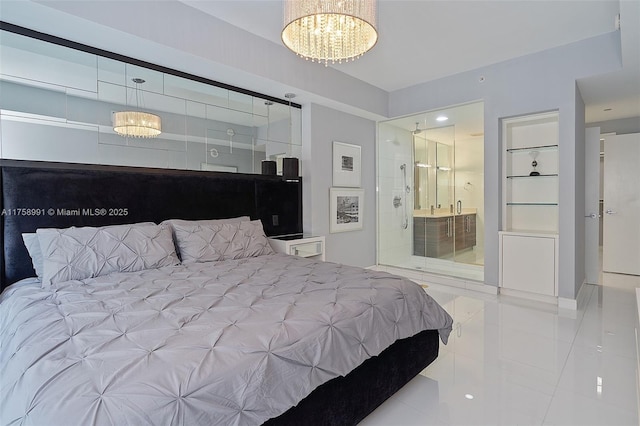 2020 N Bayshore Dr Unit Th 104, Miami, FL 33137 - bedroom featuring tile patterned floors, a chandelier, and ensuite bathroom
