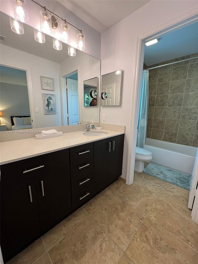 full bathroom with toilet, shower / tub combo, visible vents, and vanity