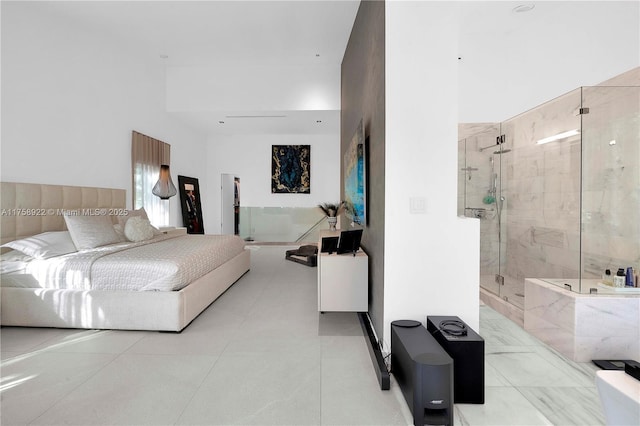 tiled bedroom featuring a high ceiling