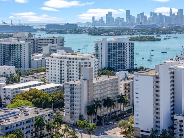 aerial view with a city view and a water view