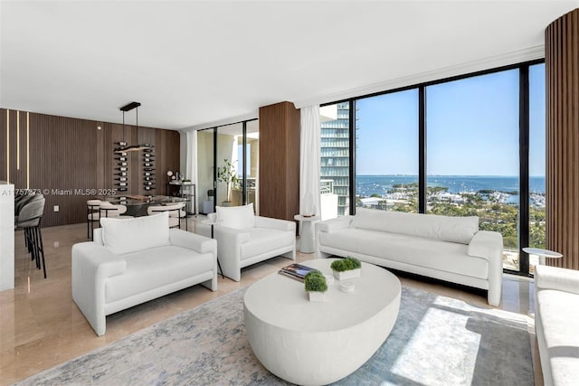 living area with a wealth of natural light, wooden walls, and expansive windows