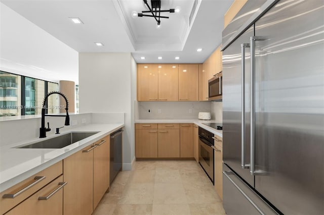 kitchen featuring a sink, stainless steel appliances, a raised ceiling, and light countertops