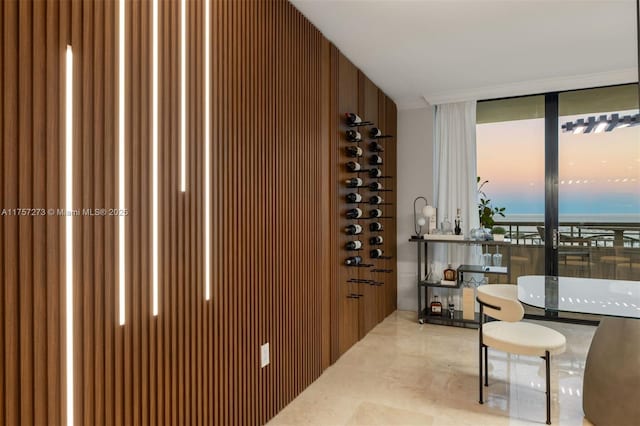 wine area featuring a wall of windows and crown molding