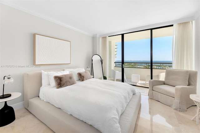 bedroom featuring baseboards, ornamental molding, floor to ceiling windows, and access to outside