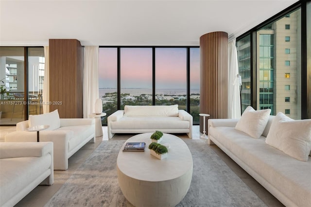 living area featuring floor to ceiling windows