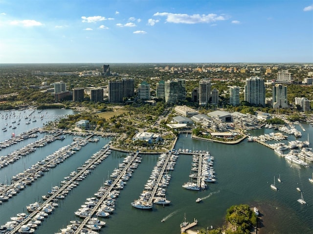 drone / aerial view with a water view and a view of city