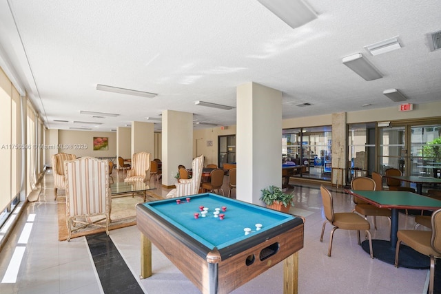 playroom with visible vents, pool table, and a textured ceiling