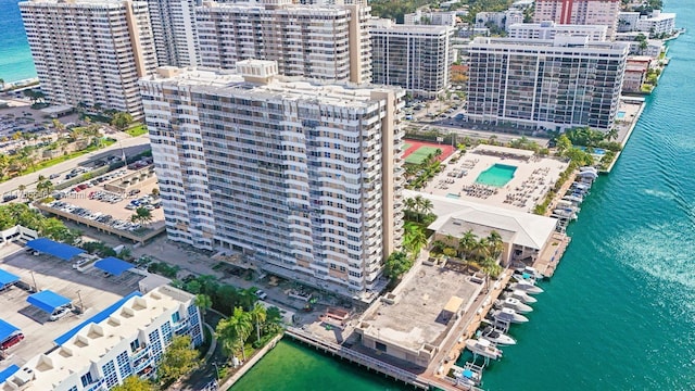 bird's eye view with a view of city and a water view