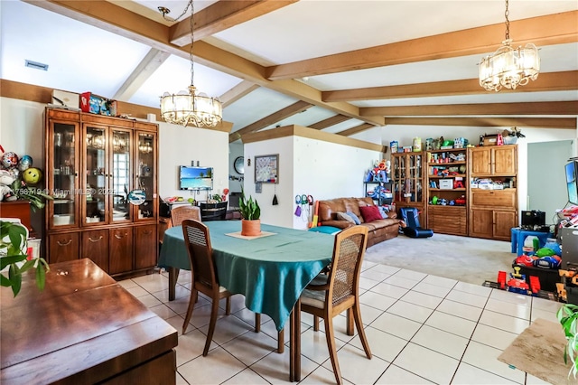 dining area featuring visible vents, a chandelier, light colored carpet, lofted ceiling with beams, and light tile patterned floors