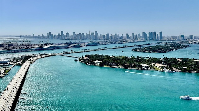 bird's eye view with a water view and a view of city