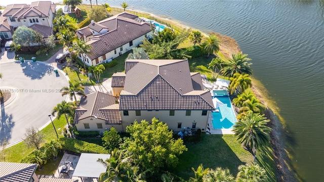 drone / aerial view featuring a water view