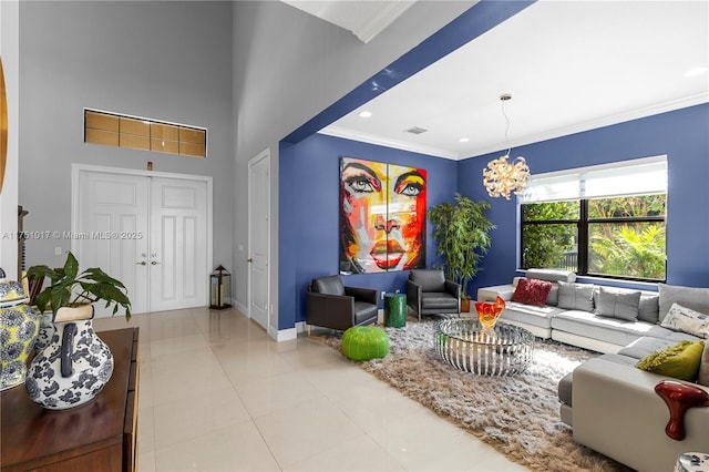 living room with tile patterned flooring, visible vents, baseboards, and ornamental molding