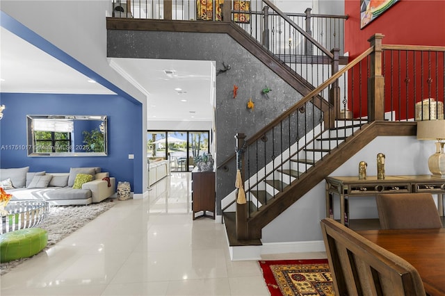 11360 NW 83rd Way, Parkland, FL 33076 - staircase featuring recessed lighting, crown molding, tile patterned flooring, and baseboards