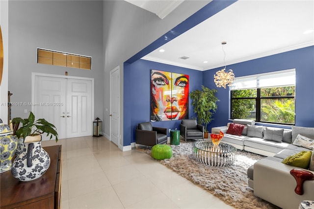 11360 NW 83rd Way, Parkland, FL 33076 - living area with crown molding, baseboards, a notable chandelier, tile patterned flooring, and visible vents