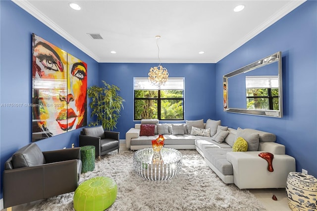 living area with plenty of natural light, recessed lighting, visible vents, and ornamental molding