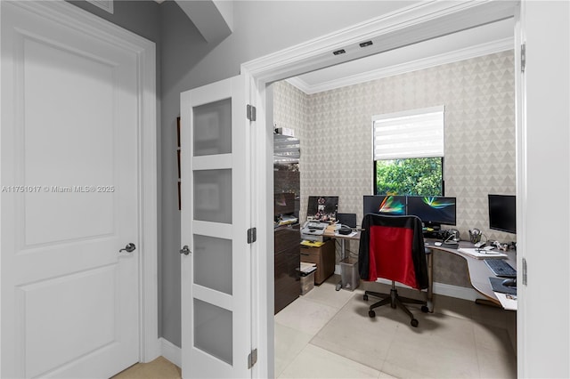 home office featuring tile patterned flooring, wallpapered walls, and crown molding