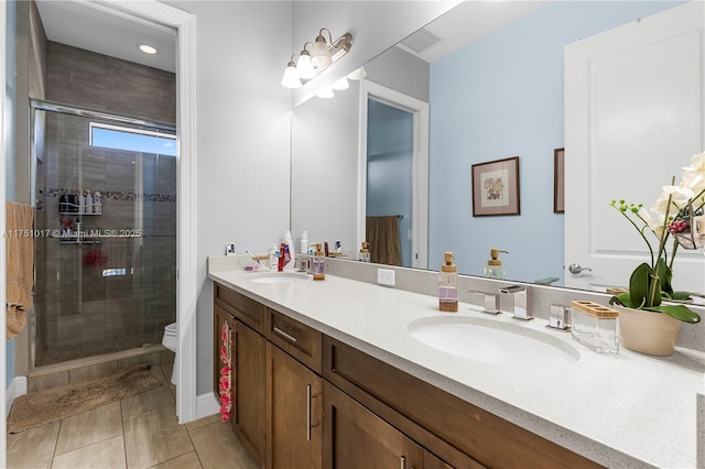 full bath with double vanity, visible vents, a shower stall, and a sink