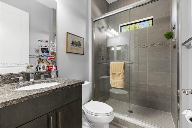 bathroom featuring vanity, toilet, and a shower stall