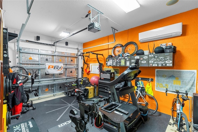 garage featuring an AC wall unit and a garage door opener