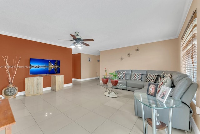 tiled living room with crown molding, a ceiling fan, baseboards, and a textured ceiling