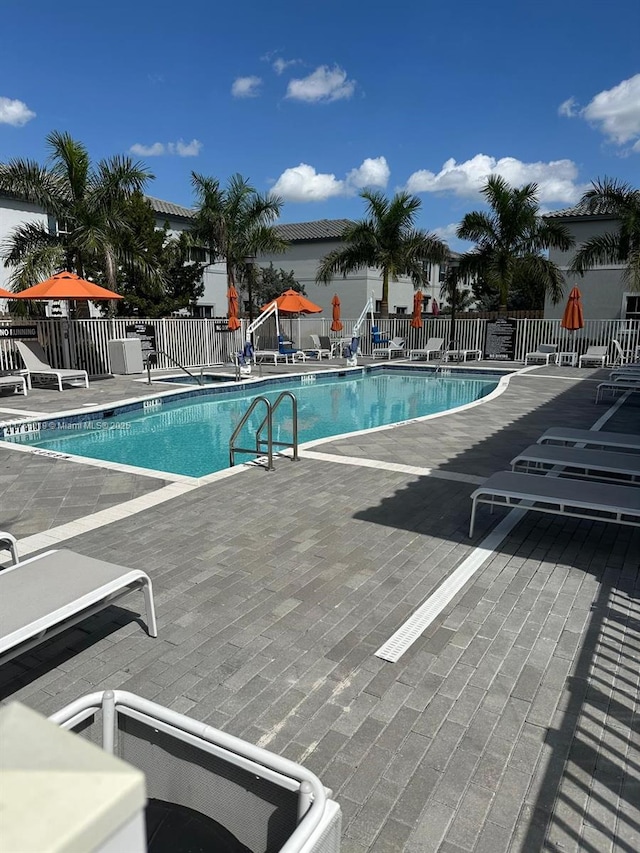 pool featuring a patio area and fence