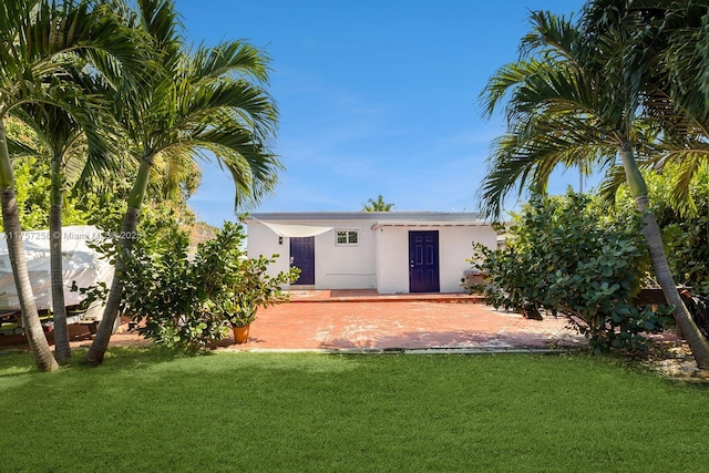 rear view of house featuring a lawn and stucco siding