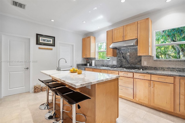 kitchen featuring stainless steel gas cooktop, a center island with sink, visible vents, a sink, and under cabinet range hood