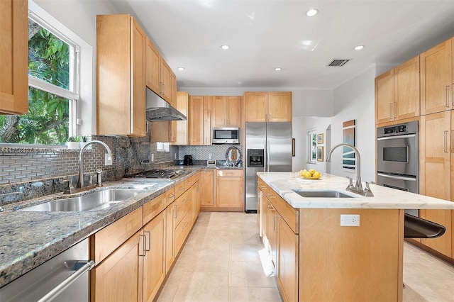 kitchen with appliances with stainless steel finishes, visible vents, a sink, and under cabinet range hood