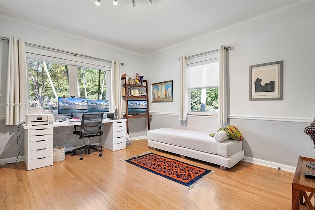 office area featuring baseboards and hardwood / wood-style floors