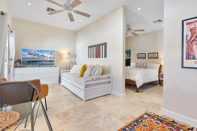 bedroom with ceiling fan, recessed lighting, visible vents, and baseboards