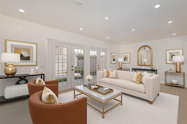 living area with recessed lighting, baseboards, and french doors