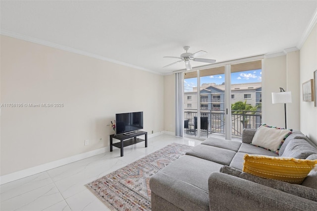 2665 SW 37th Ave Unit 612, Miami, FL 33133 - living area with expansive windows, ceiling fan, ornamental molding, marble finish flooring, and baseboards