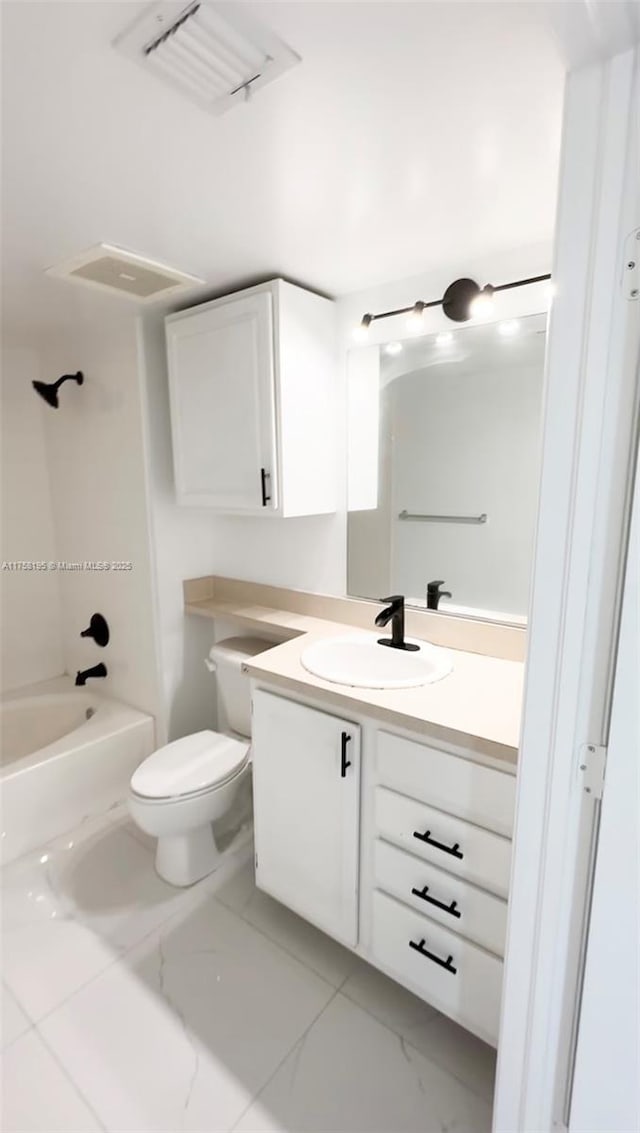 full bath featuring visible vents, toilet, shower / bath combination, marble finish floor, and vanity