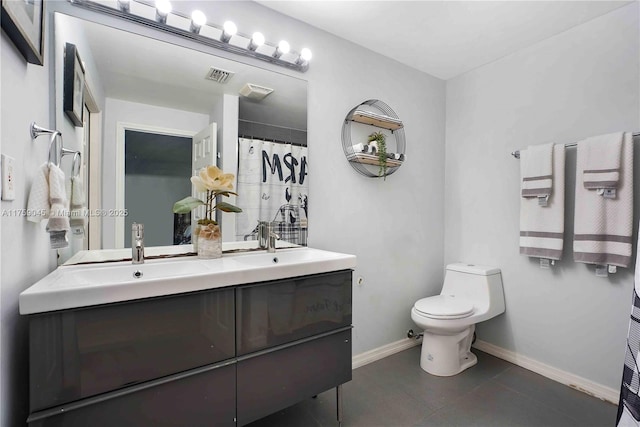 full bath with double vanity, visible vents, baseboards, toilet, and a sink