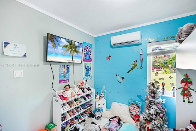 bedroom with ornamental molding and a wall mounted air conditioner