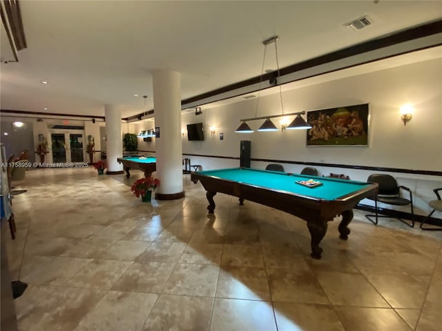 game room with billiards, visible vents, and tile patterned floors