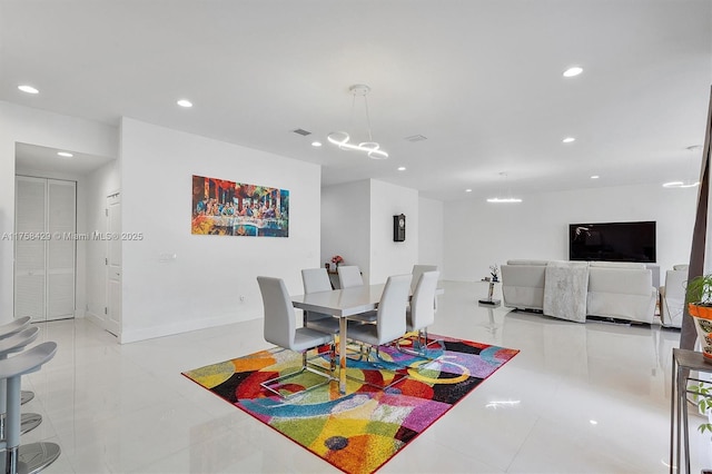 dining space featuring baseboards, visible vents, recessed lighting, and light tile patterned floors