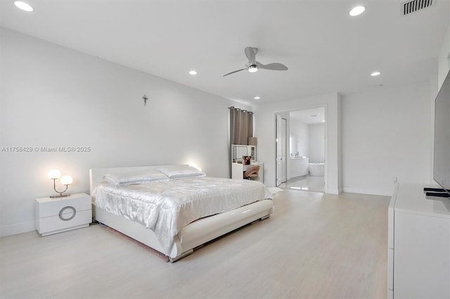 bedroom with baseboards, visible vents, recessed lighting, and light wood-type flooring