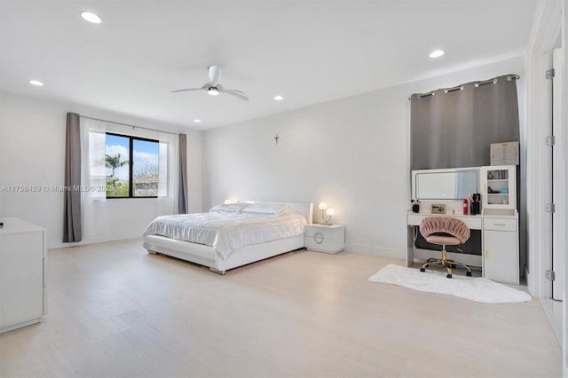 bedroom with a ceiling fan and recessed lighting