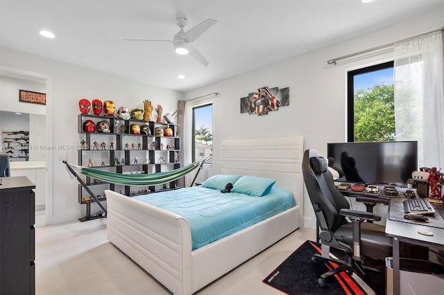 bedroom featuring ceiling fan and recessed lighting