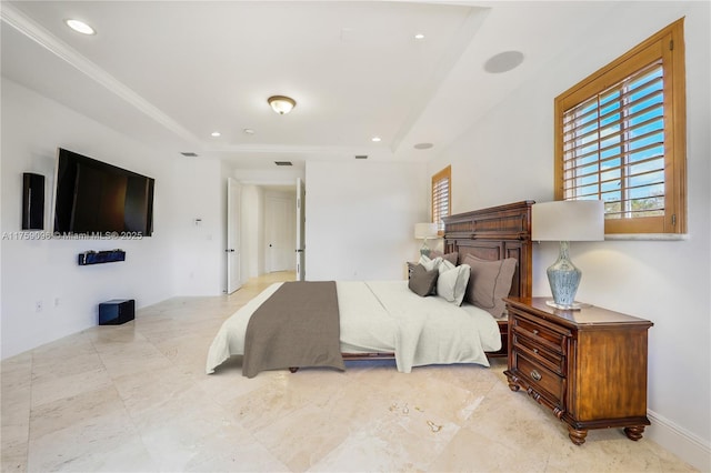 bedroom featuring recessed lighting, crown molding, and baseboards