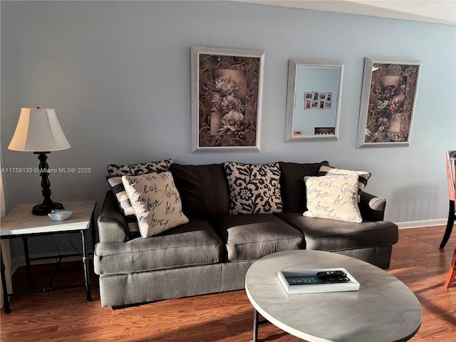 living area featuring baseboards and wood finished floors