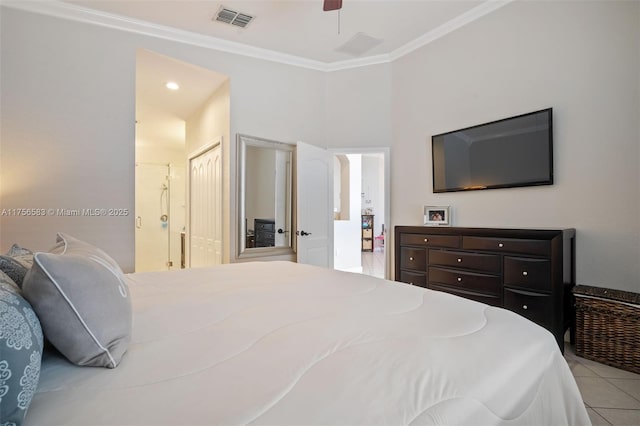 tiled bedroom featuring a ceiling fan, visible vents, and crown molding