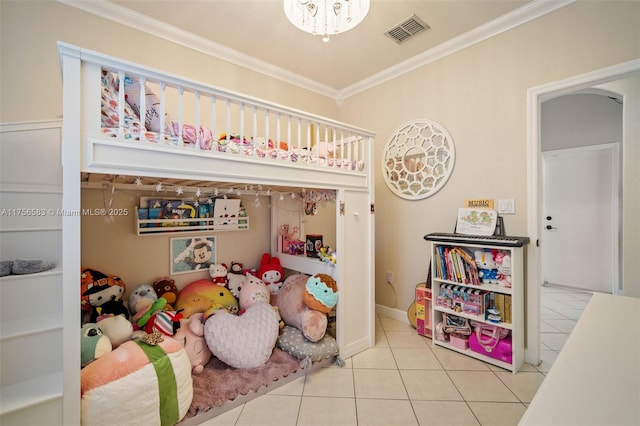 bedroom featuring ornamental molding, tile patterned flooring, and visible vents