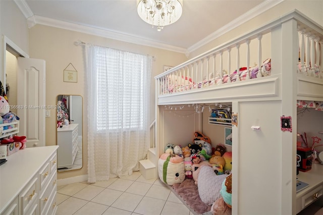 bedroom with light tile patterned flooring, crown molding, and a notable chandelier