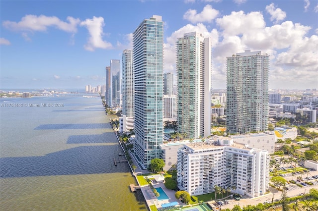 property's view of city featuring a water view